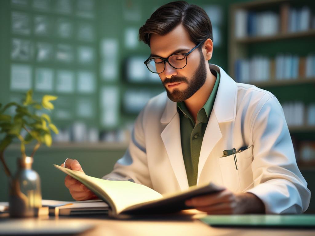 realistic high resolution of a researcher reading a scientific journal,