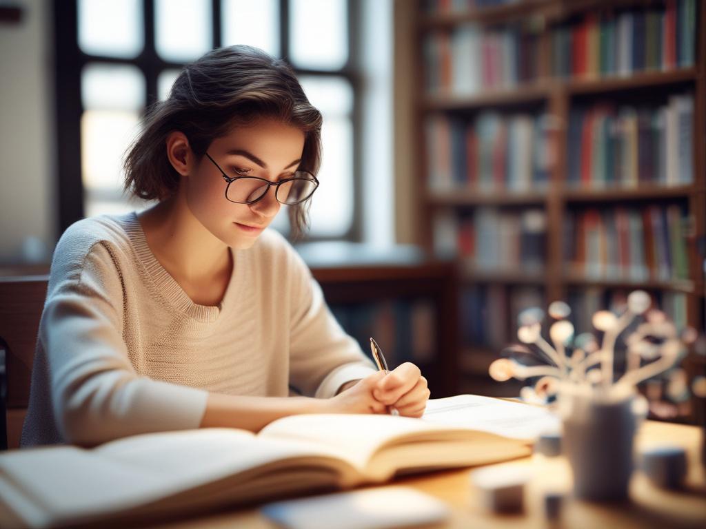 realistic high resolution image of a student studying biochemistry, soft