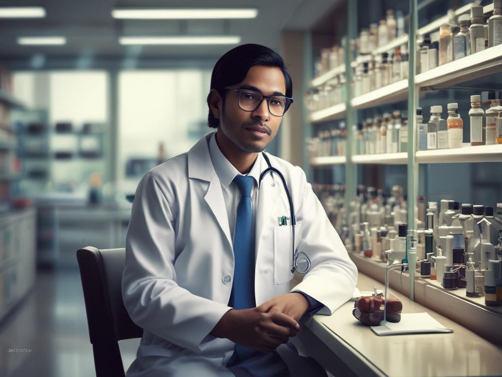**AI Image Generation Prompt**

Create a realistic high-resolution photo that captures the essence of a professional Bangladeshi medical biochemist contemplating their global career prospects. The composition should feature a single subject: a Bangladeshi medical biochemist, male or female, dressed in a white lab coat, deeply focused and engaged in their work. The individual should be positioned at a well-organized laboratory bench, examining samples through a microscope. 

In the background, include softly