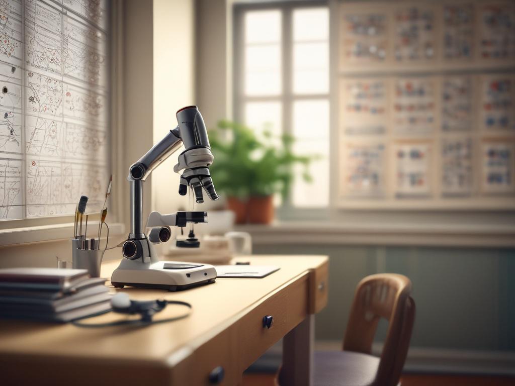 A peaceful study nook with a single microscope on a desk, bathed in soft, warm light. The background features a blurred view of genetic diagrams and molecular models, creating a calm and focused atmosphere. The microscope stands as the main subject, emphasizing scientific exploration.
