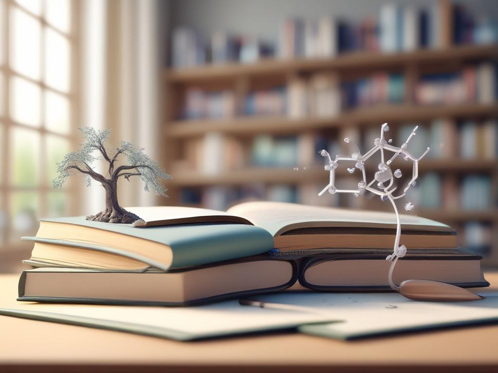 A serene study environment featuring a single open textbook on molecular biology, surrounded by soft, natural lighting. The background includes a subtle display of molecular structures in a gentle color palette, evoking a peaceful atmosphere. The overall composition highlights the textbook as the focal point.