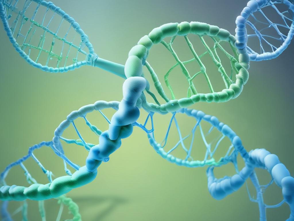 Create a highly detailed, realistic high-resolution image that embodies the theme of "Understanding Molecular Biology." Feature a single, intricately rendered DNA double helix, positioned centrally against a softly gradient background in gentle tones of green and blue, capturing a peaceful atmosphere. The DNA strand should be depicted with a glass-like quality, allowing light to refract through its structure, emphasizing its complexity and beauty. 

Surround the DNA with subtle representations of molecular 