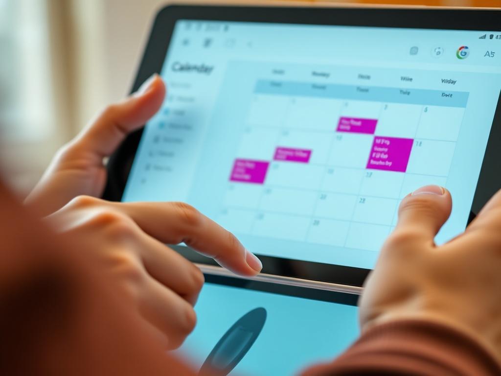A close-up shot of a person interacting with a digital calendar on a tablet, scheduling bills with ease. The background is blurred to emphasize the vibrant (rgb(50, 170, 39)) colors of the app interface, showcasing its user-friendly design. Captured with a 45mm f/1.2 lens for a hyper-realistic look.