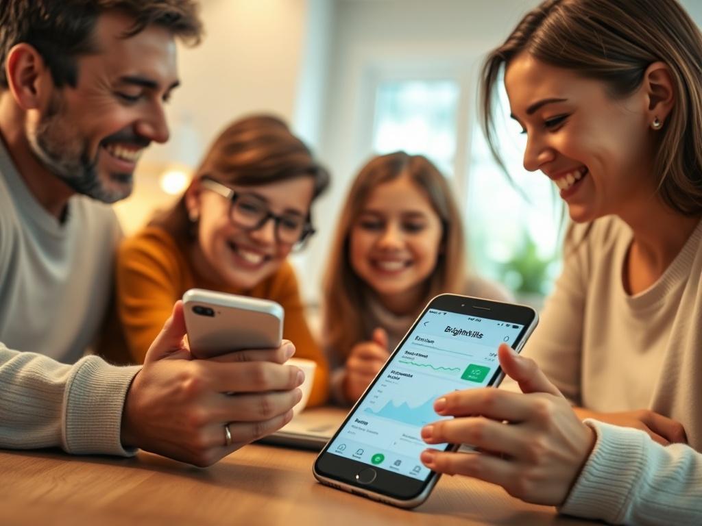A hyper-realistic image of a family happily reviewing their finances together at a kitchen table, with a smartphone displaying the Brightbills app in focus. The setting is warm and inviting, emphasizing the comfort of home. The background features soft lighting and a hint of green (rgb(50, 170, 39)), symbolizing hope and financial growth. Shot with a 45mm f/1.2 lens.