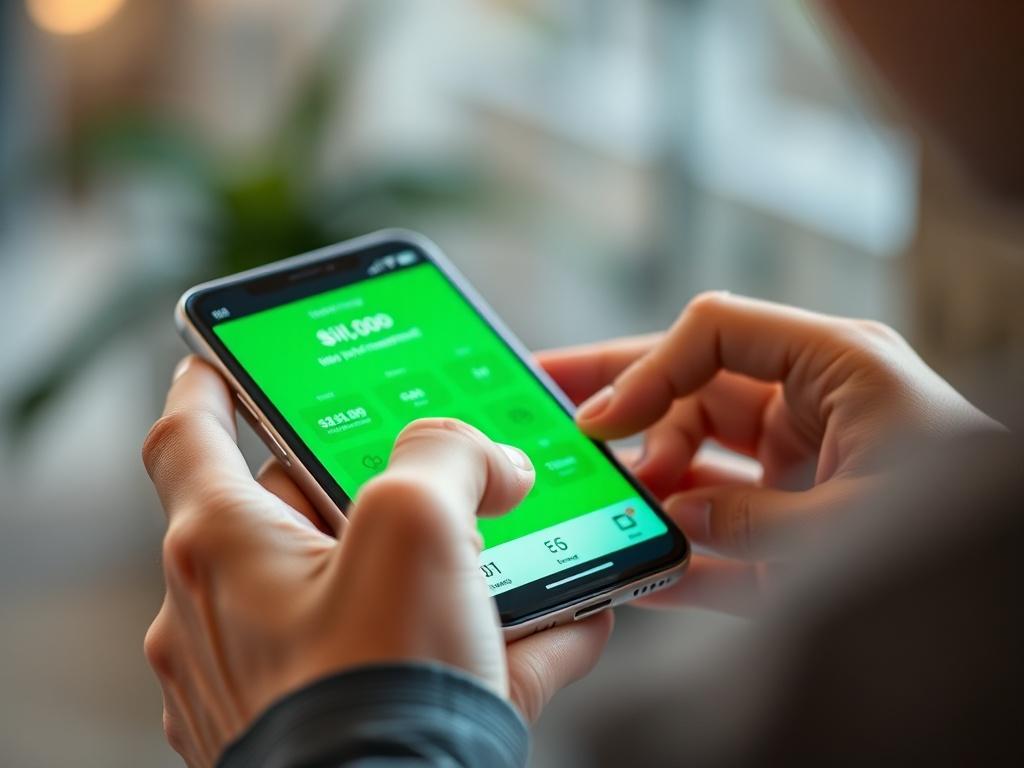 A close-up shot of a person using a smartphone to manage bills on a sleek digital platform. The background is softly blurred, focusing on the vibrant green color (rgb(50, 170, 39)) that represents financial security. The device screen displays an intuitive interface, showcasing bill management features. Captured with a 45mm f/1.2 lens for a hyper-realistic effect.