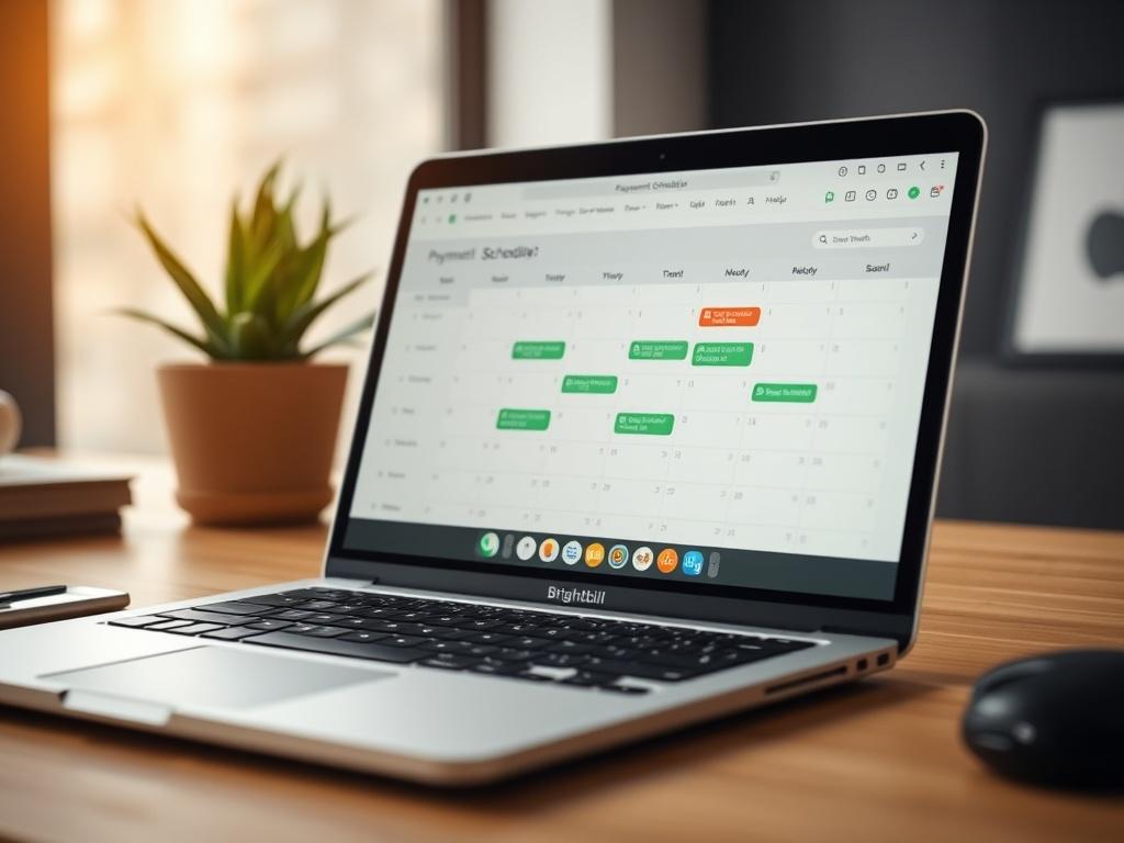 A close-up shot of a laptop screen displaying the Brightbill payment scheduling interface. The interface shows a calendar with scheduled payments highlighted, conveying ease and organization. The background is softly blurred to emphasize the laptop, with a modern, minimalistic workspace setting that radiates productivity and clarity. The primary green shade rgb(50, 170, 39) can be incorporated into the interface design.