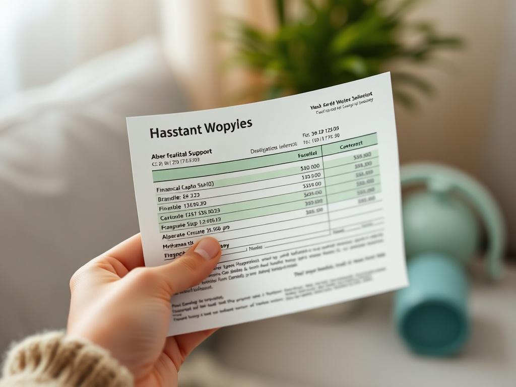 A close-up shot of a hand holding a bank statement with visible transaction details, symbolizing financial support and assistance. The background is softly blurred, focusing on the statement, with elements like a plant or a cozy setting to evoke a sense of warmth and security. The primary green shade rgb(50, 170, 39) subtly features in the props or decorations.