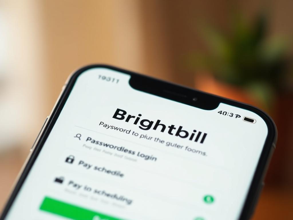 A close-up shot of a smartphone displaying the Brightbill app interface, showcasing a clean and user-friendly design. The screen highlights features such as passwordless login and payment scheduling options. The background is softly blurred to emphasize the phone, with a warm, inviting atmosphere that conveys security and trust. The color palette includes the primary green shade rgb(50, 170, 39) subtly integrated into the app interface.