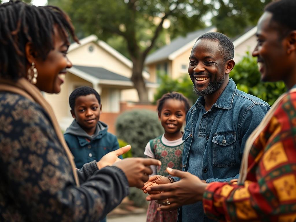 A close-up shot of a community outreach partner engaging with families in a neighborhood setting, smiling and discussing financial support options. The background features houses and greenery, creating a warm, welcoming atmosphere. The image should capture the spirit of community engagement and empowerment, showcasing interaction and connection.