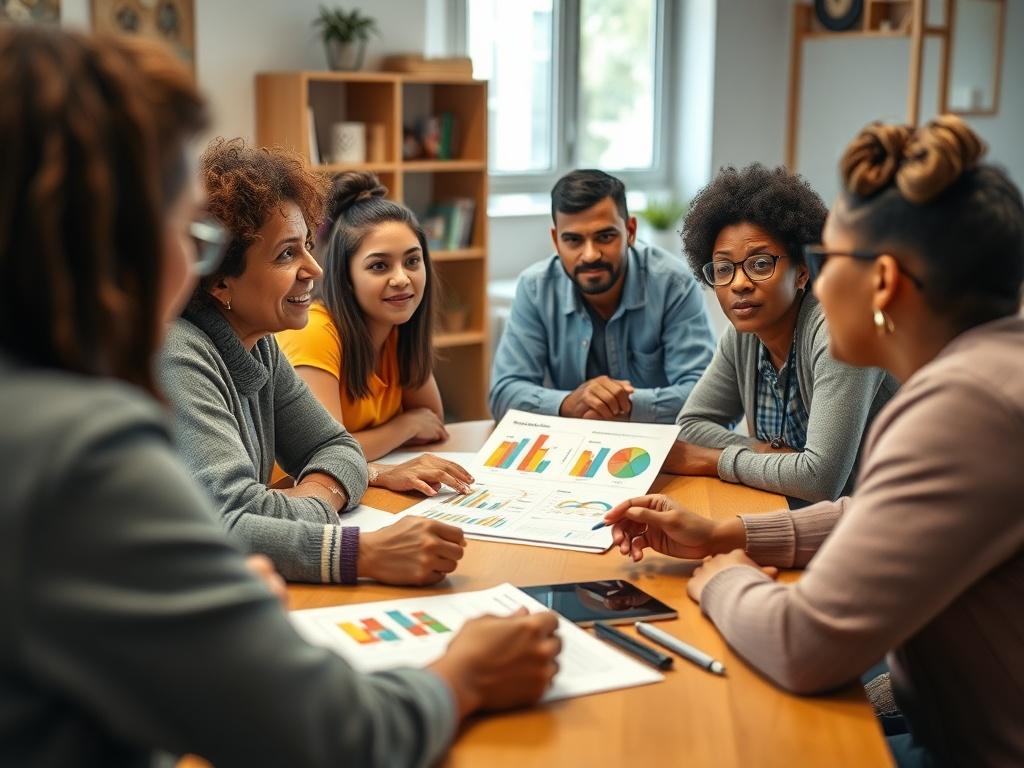 A close-up shot of a community workshop in progress, with a facilitator teaching a group of engaged families about financial literacy. Visuals include charts and educational materials on a table, while participants listen attentively. The environment should be bright and inviting, symbolizing hope and learning.