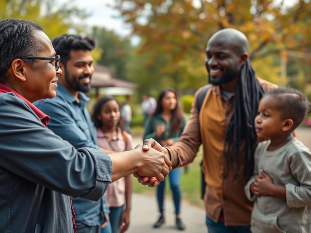 A close-up shot of a community outreach partner shaking hands with a family after a successful workshop, symbolizing partnership and positive change. The background should show a vibrant community park, signifying growth and harmony. The image captures the essence of collaboration and hope.