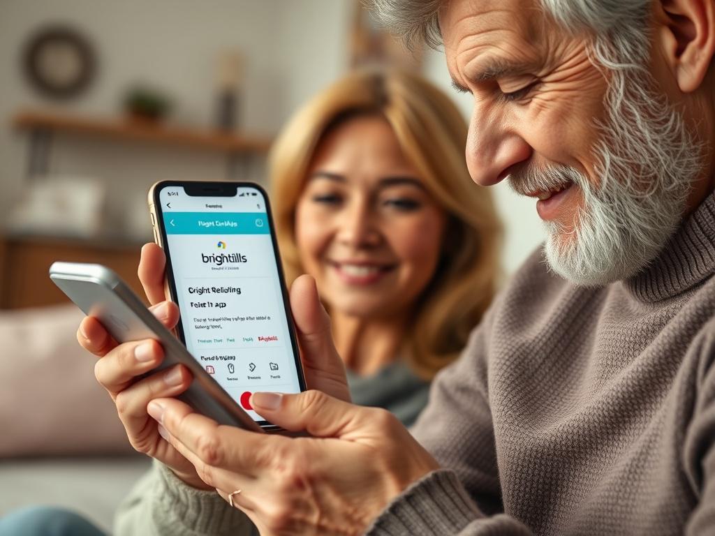 A close-up shot of a family member looking at a smartphone, showcasing the brightbills app on the screen. The background should be a cozy home environment with soft lighting, emphasizing a sense of security and comfort. The image should be hyper-realistic, focusing on the expressions of relief and satisfaction on the person's face while interacting with the app. Use a depth of field effect to highlight the phone and the family member, with an overall color tone that aligns with rgb(50, 170, 39).