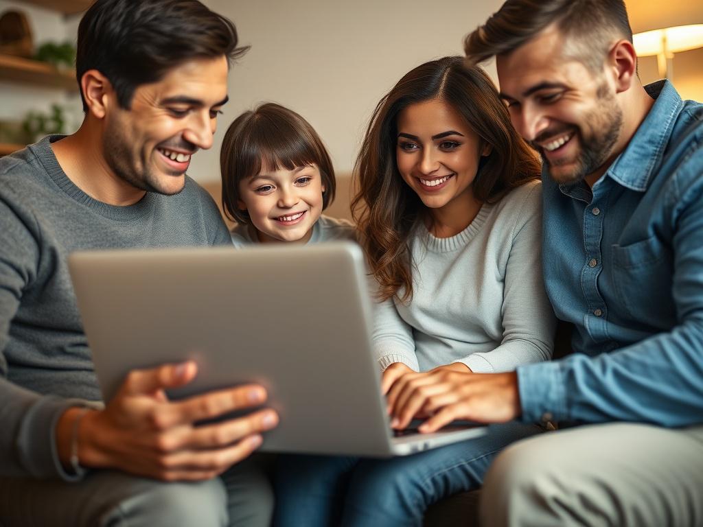 A close-up shot of a family gathered around a laptop, smiling as they use the Brightbill platform to manage their bills. The setting is warm and inviting, with soft lighting and a cozy living room atmosphere. The focus is on the laptop screen displaying the Brightbill interface. The image should have a hyper-realistic quality, shot with a 45mm f/1.2 lens, emphasizing the connection between technology and family support.