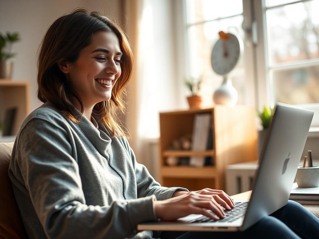 A high-resolution close-up shot of a young professional reviewing a job application on a laptop. The setting is a cozy home office with natural light streaming in through a window. The individual is smiling, appearing hopeful and engaged in the application process. The image should be rendered in hyper-realistic style, focusing on the enthusiasm for new opportunities.