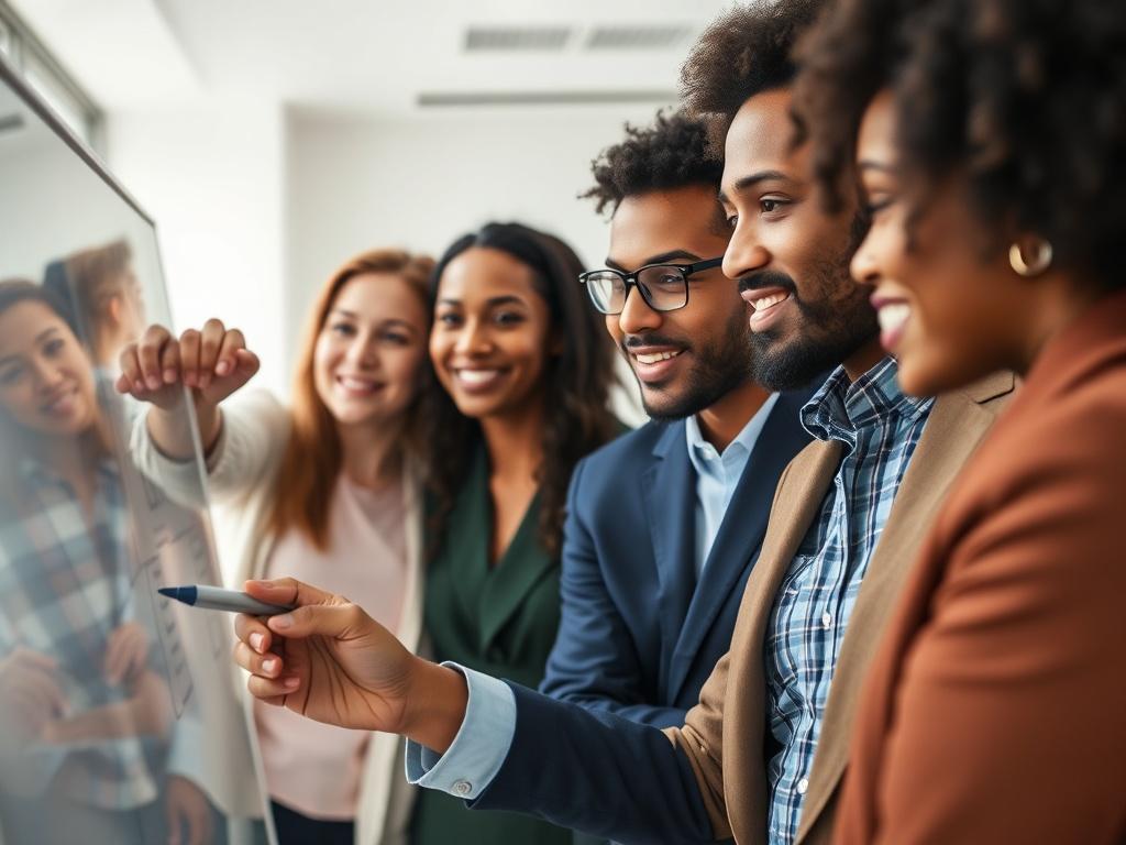 A close-up shot of a diverse group of professionals collaborating in a modern office environment. The focus is on a group of four individuals, with one person presenting ideas on a whiteboard. The background should be simple and clear, showcasing a bright and welcoming workspace. The image should be shot with a 45mm f/1.2 lens style, highlighting the expressions of engagement and teamwork.