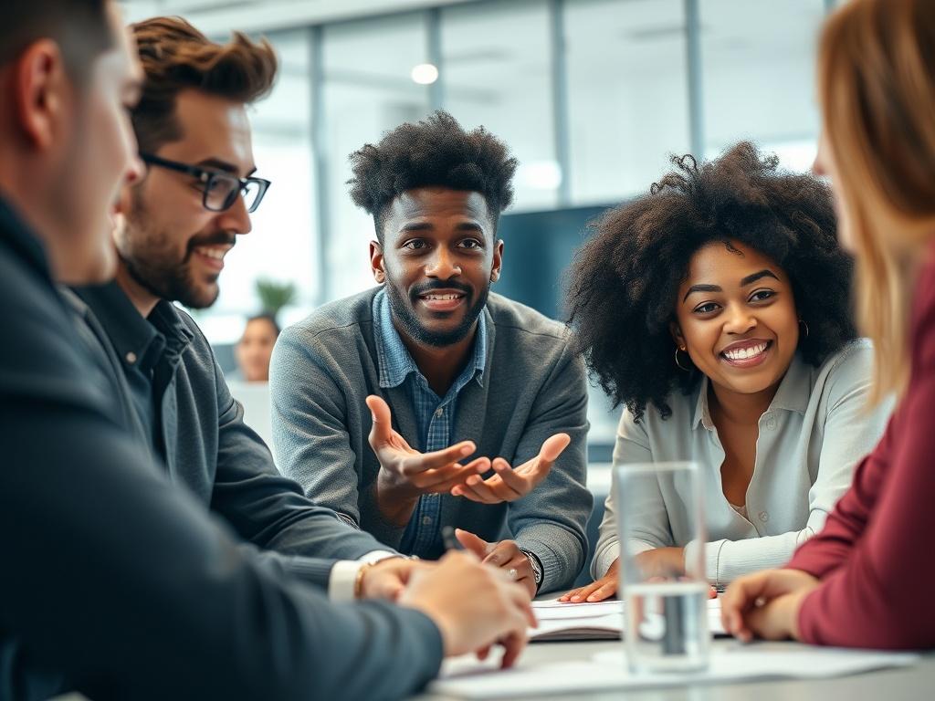 A close-up shot of a team meeting in progress, showcasing a mix of genders and ethnicities. The group is engaged in discussion, with one person passionately sharing ideas. The background should depict a bright and professional office space, emphasizing teamwork and collaboration. The image should reflect an inviting atmosphere, captured in hyper-realistic detail.
