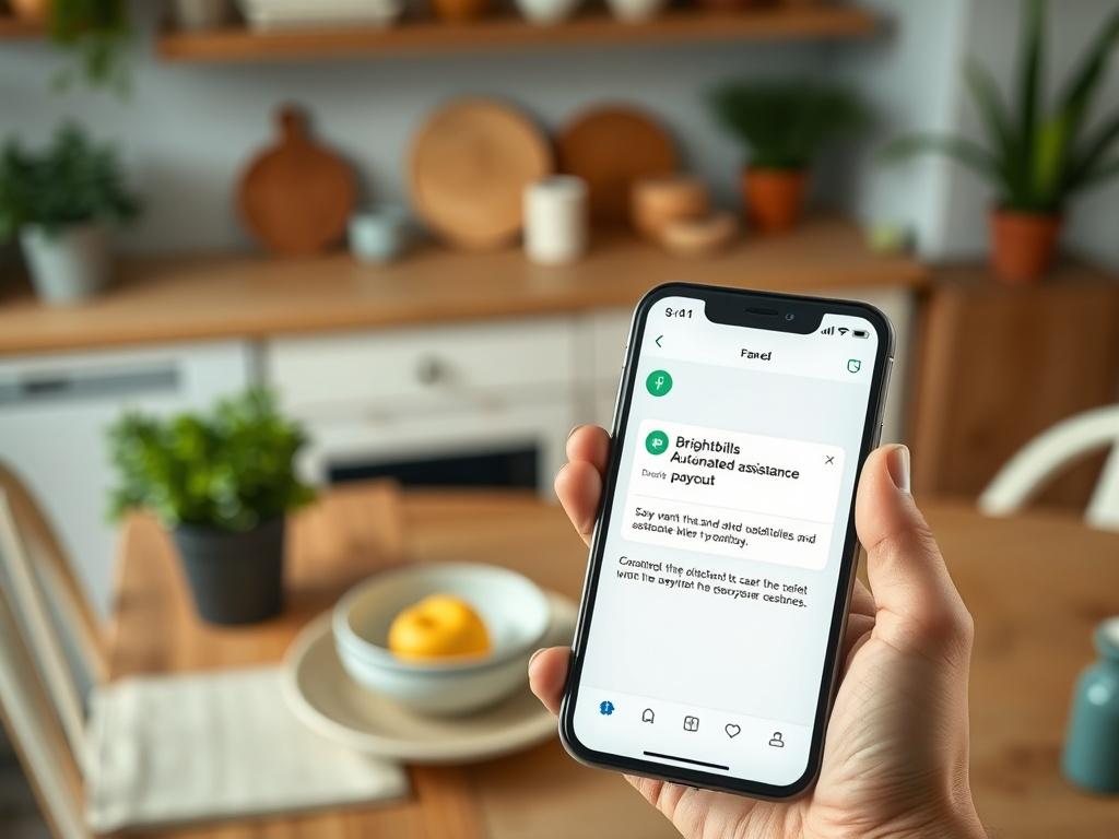 A hyper-realistic close-up shot of a hand holding a smartphone, displaying the Brightbills app with a notification of an automated assistance payout. The background features a kitchen table with family items, symbolizing warmth and togetherness. The emphasis is on the smartphone screen, showcasing the payout notification. Captured with a 45mm f/1.2 lens to highlight the details and vibrant greens in the scene, creating an inviting atmosphere.