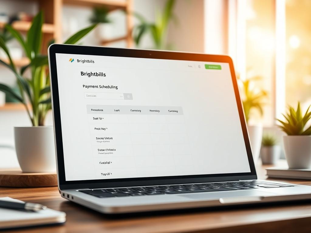 A hyper-realistic close-up shot of a laptop screen displaying the Brightbills payment scheduling interface. The background features a bright workspace with plants and light, evoking a sense of clarity and organization. The focus is on the screen, highlighting the simplicity and ease of use of the scheduling feature. Shot with a 45mm f/1.2 lens to capture intricate details and vibrant greens, adding a fresh touch to the scene.