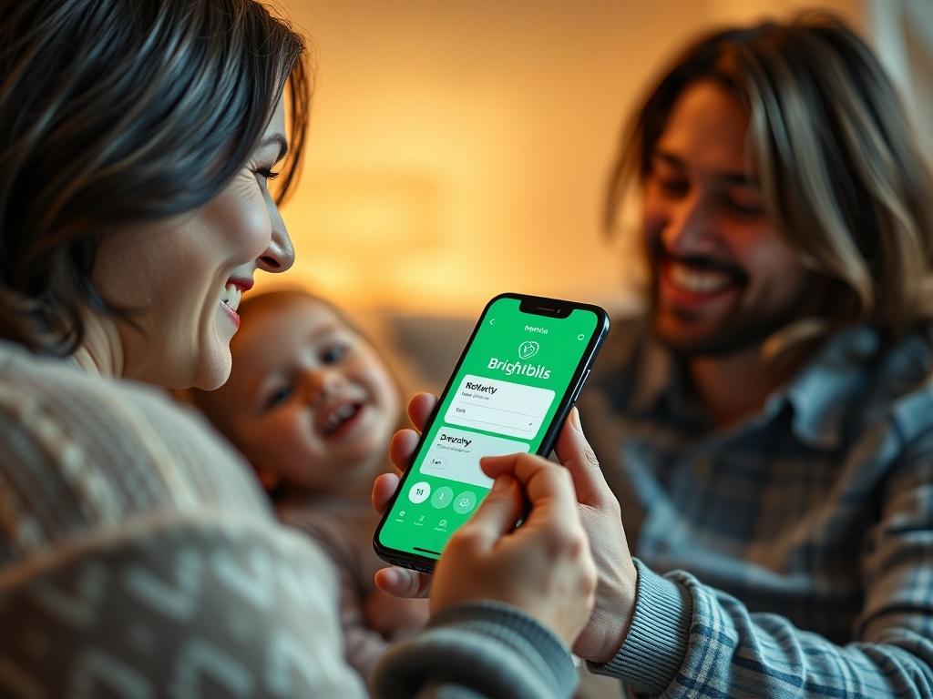 A hyper-realistic close-up shot of a family joyfully interacting with a mobile app on a smartphone, showcasing the Brightbills bill payment platform. The background features a cozy home environment, softly lit to create a warm atmosphere. The focus is on the smartphone screen displaying the Brightbills app interface, emphasizing security and ease of use. Shot with a 45mm f/1.2 lens to capture sharp details and vibrant colors, with an RGB color palette highlighting bright greens.