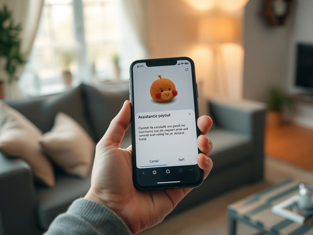 A close-up shot of a hand holding a smartphone with a notification from the brightbill app indicating an assistance payout. The background shows a cozy living room setting, highlighting comfort and security.