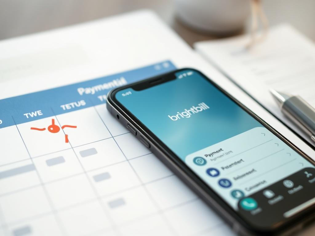 A close-up shot of a calendar with marked payment due dates, a smartphone beside it displaying the brightbill app interface. The image conveys a sense of organization and tranquility, with a clean, modern aesthetic.