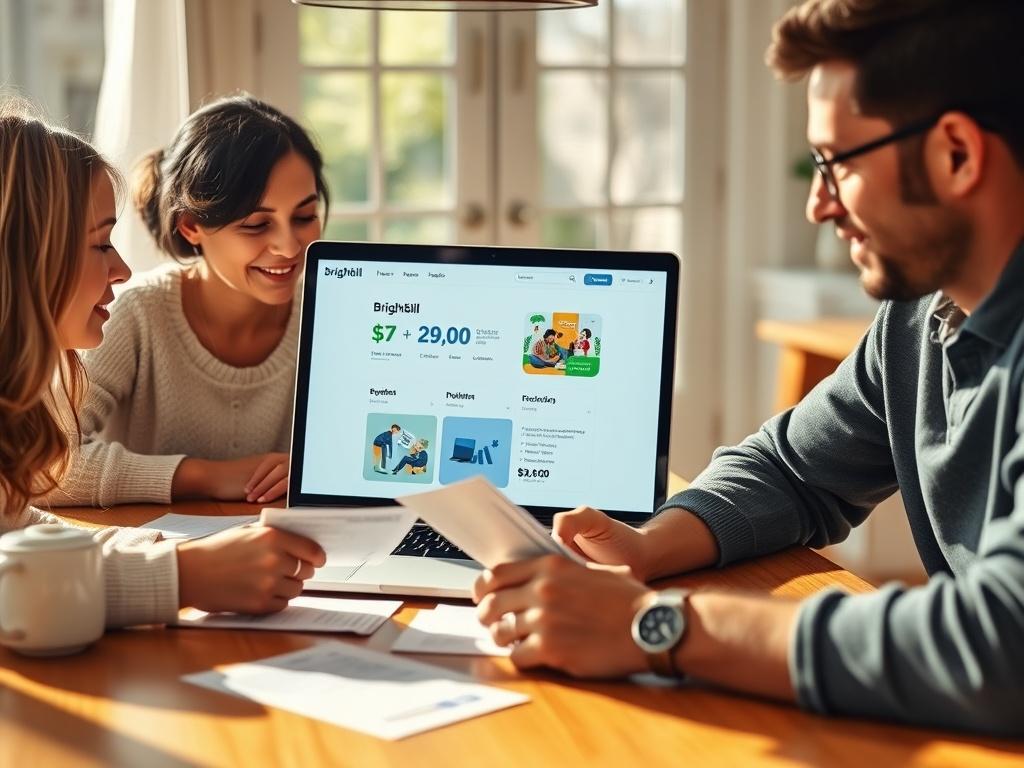 A close-up shot of a family sitting together at a dining table, reviewing their bills and financial documents, with a laptop open showing the brightbill platform. The scene is warm and inviting, with natural light streaming in, creating a sense of hope and empowerment.