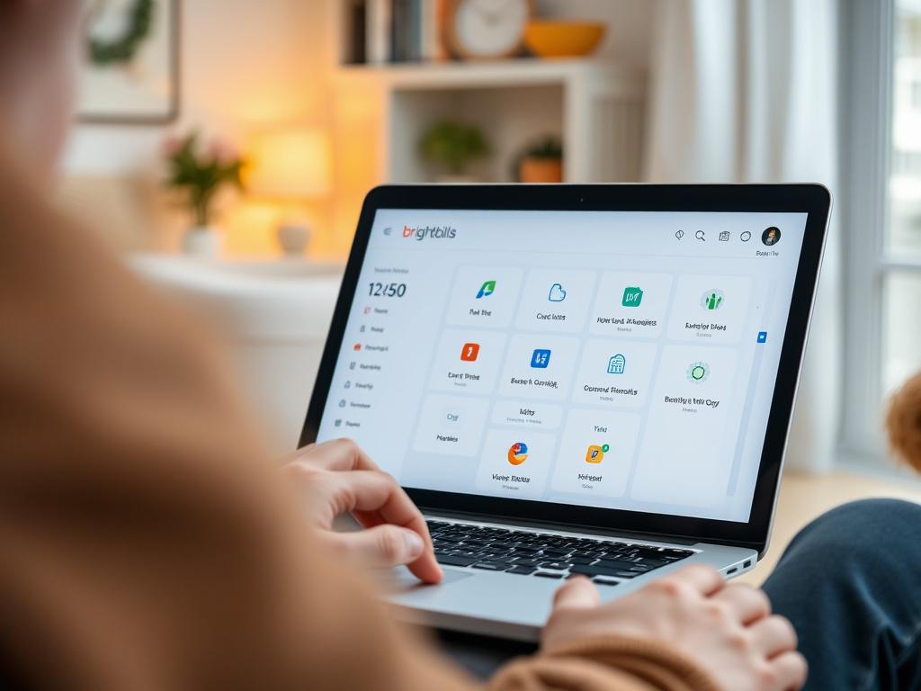 A close-up shot of a person interacting with a laptop displaying brightbills' user-friendly interface. The image should focus on the screen with clear, easy-to-read icons and menus. The background should be lightly blurred, showcasing a cozy home environment. Incorporate the color rgb(50, 170, 39) into the decor elements.