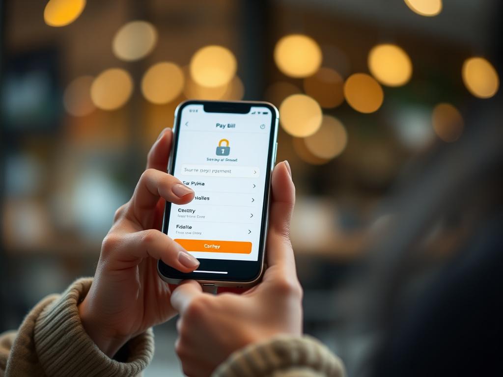 A close-up shot of a person using a smartphone to pay bills online, with a focus on the screen displaying a secure payment interface. The background should be softly blurred, highlighting the individual’s focused expression. The color scheme should incorporate rgb(50, 170, 39) to reflect the brand's identity.