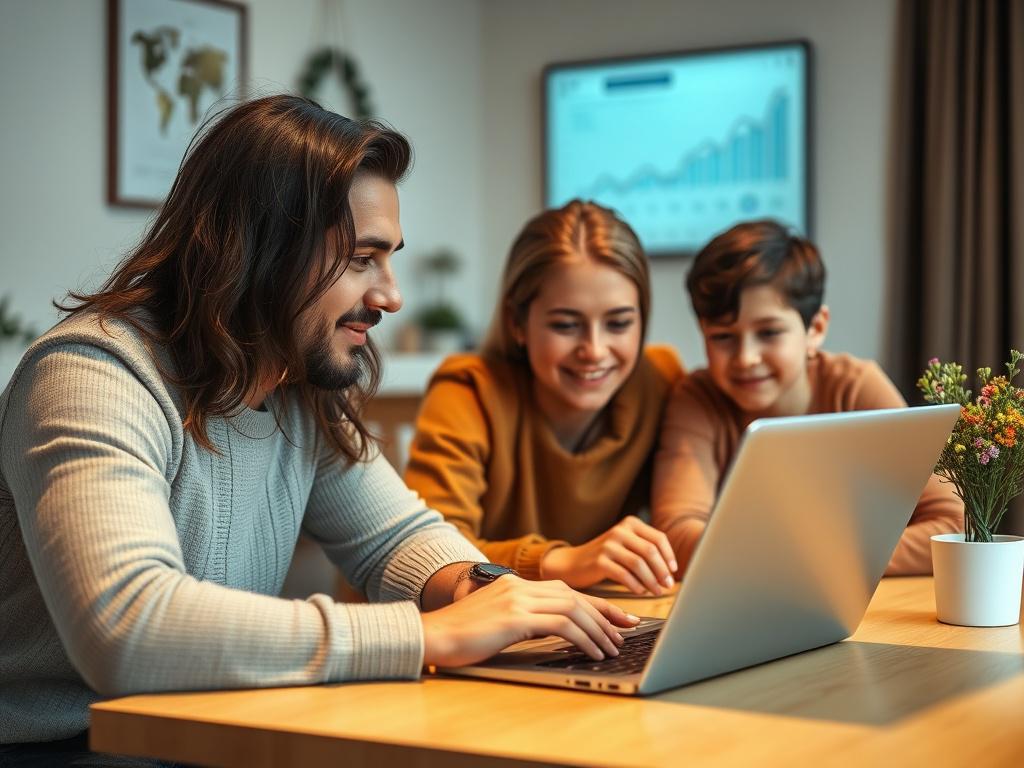 A close-up shot of a family sitting together at a table, reviewing their finances with a laptop open in front of them. The atmosphere should feel warm and supportive, with a soft focus on the computer screen that shows positive financial graphs. The primary color rgb(50, 170, 39) should subtly feature in the decor.