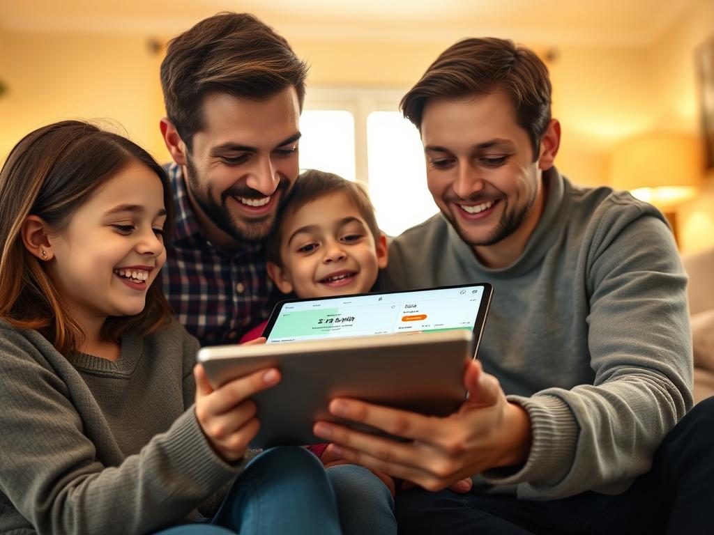 A close-up shot of a family gathered around a tablet, smiling as they navigate the Brightbill app. The background features a cozy living room with soft lighting, emphasizing warmth and security. The focus is on the tablet screen displaying the Brightbill interface, showcasing the simplicity and user-friendliness of the platform. The colors are vibrant with a hint of green to reflect the brand's identity.