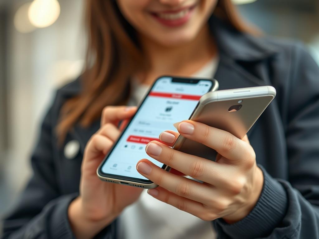 A close-up of a person confidently making an online payment on their smartphone, with a visible secure payment interface. The background is slightly blurred to emphasize the focus on the device. The image conveys a sense of safety and technology, captured in a hyper-realistic style with a 45mm f/1.2 lens.