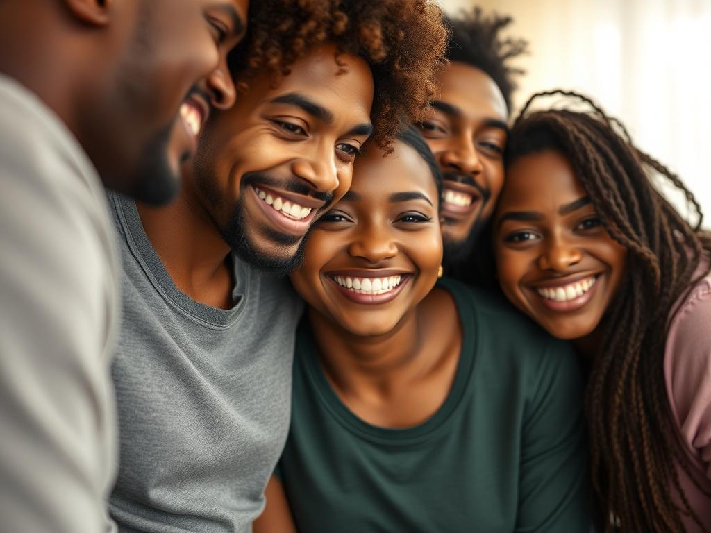 A close-up shot of a diverse group of people smiling together, showcasing a sense of community and support. The background features soft, warm colors to evoke feelings of safety and belonging. The focus is on their expressions of joy and solidarity, shot with a 45mm f/1.2 lens style.