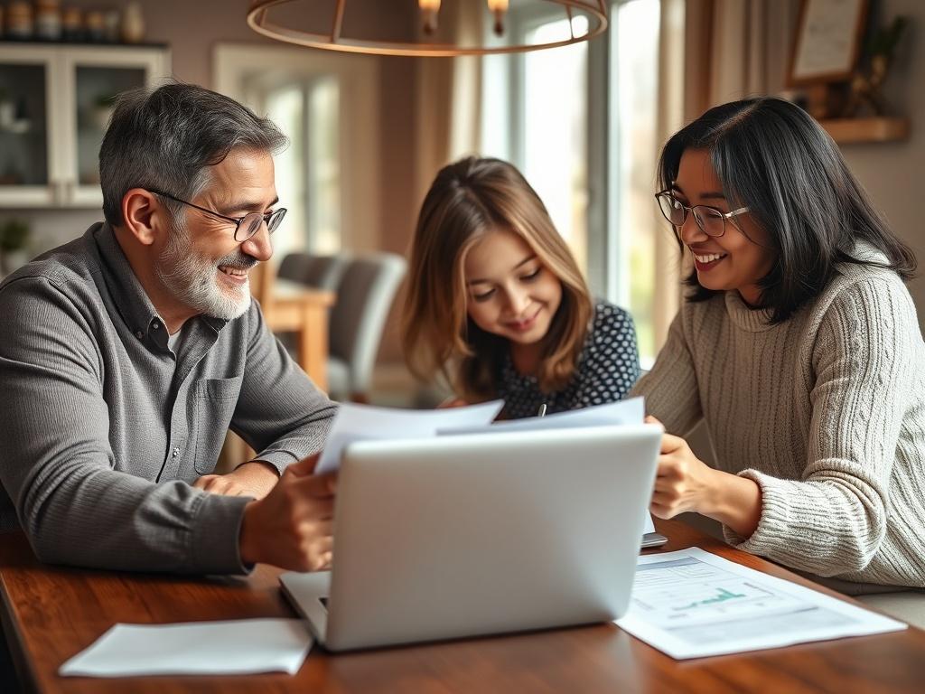 A close-up image of a family happily reviewing their finances together at a dining table, with documents and a laptop visible. The atmosphere is warm and inviting, showcasing the importance of family support in financial planning. The shot is taken with a 45mm f/1.2 lens to highlight the emotions.