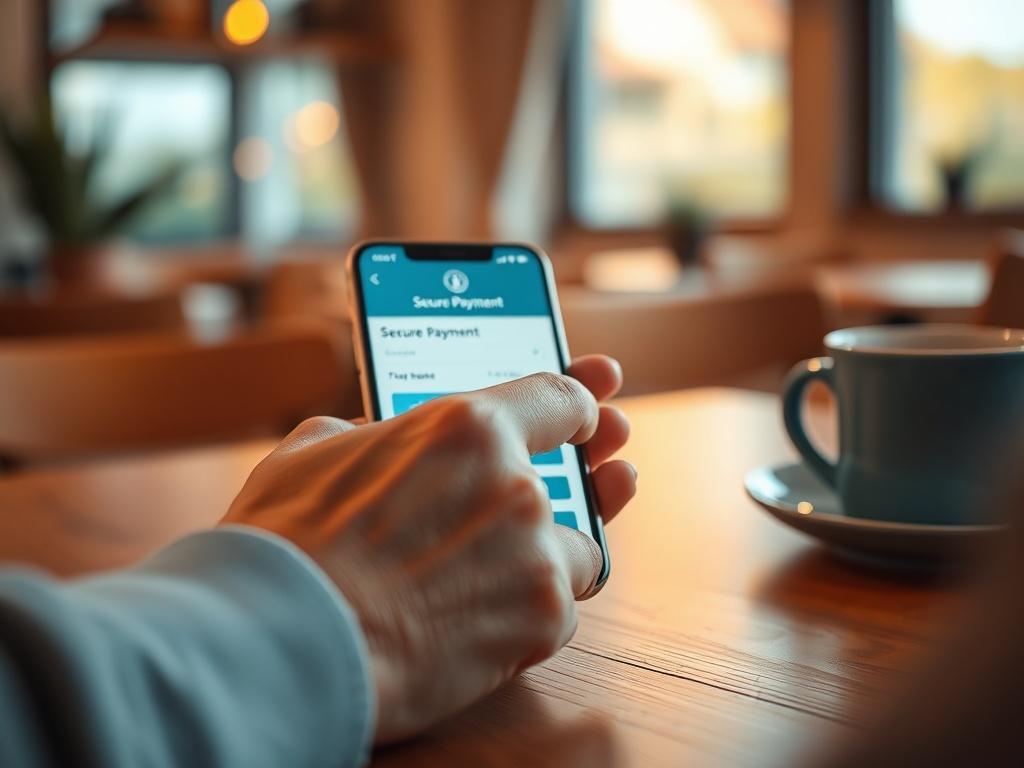 A close-up shot of a person using a smartphone on a table, showing the Brightbill app interface. The focus is on the phone's screen displaying a secure payment page. The background is softly blurred, featuring warm, inviting colors that evoke a sense of trust and comfort. Use hyper-realistic rendering to capture details like the hand's texture and the phone's screen brightness, ensuring the primary color of rgb(50, 170, 39) complements the overall warm tone.