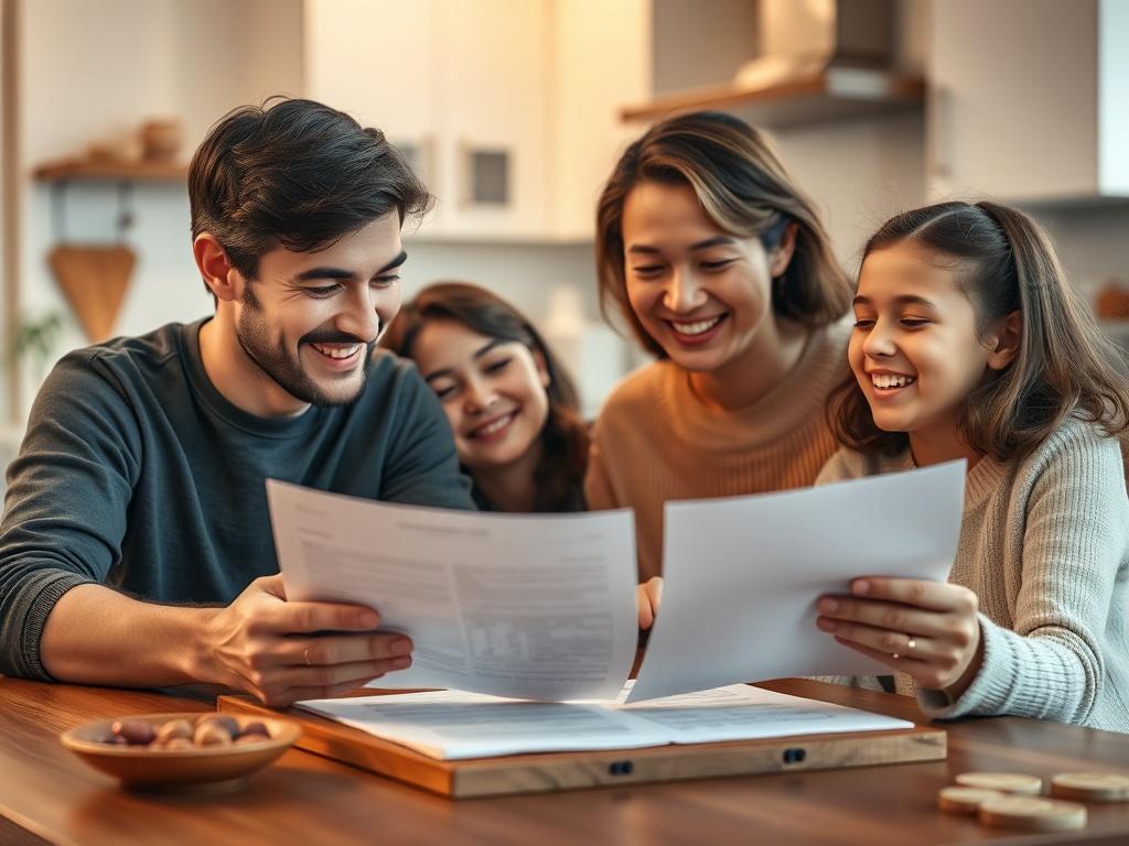 A close-up shot of a family sitting together at a kitchen table, looking relieved and happy while reviewing financial documents. The focus is on their smiling faces and the documents, which represent financial assistance. The background is softly blurred with warm, inviting colors, creating a cozy family atmosphere. Hyper-realistic rendering should capture the emotions and details of the scene, ensuring the primary color of rgb(50, 170, 39) subtly enhances the overall feel.
