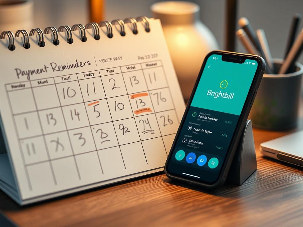 A close-up shot of a calendar on a desk with payment reminders written in clear, organized handwriting. The focus is on the calendar and a smartphone next to it, displaying the Brightbill app. The background should be softly blurred, featuring elements that suggest a well-organized workspace. Hyper-realistic rendering should highlight the details of the calendar and smartphone, ensuring the primary color of rgb(50, 170, 39) enhances the overall composition.