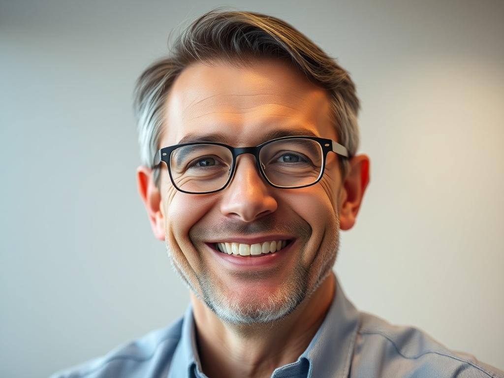 A close-up portrait of a man in his 40s, wearing glasses and a casual shirt, smiling warmly. The background is softly blurred, creating a professional yet friendly atmosphere. The lighting emphasizes his approachability and expertise.