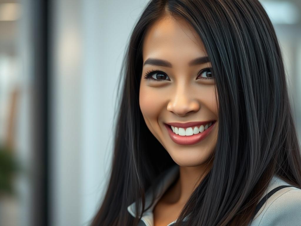 A close-up portrait of a woman in her late 20s, with long black hair and a bright smile, dressed in a business-casual outfit. The background is softly focused, highlighting her friendly and approachable nature.