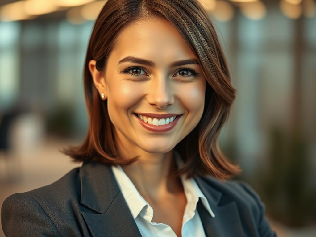 A close-up portrait of a professional woman in her 30s, smiling confidently, set against a soft-focus background. She has shoulder-length brown hair and wears a stylish blazer. The lighting is warm and inviting, highlighting her approachable demeanor.