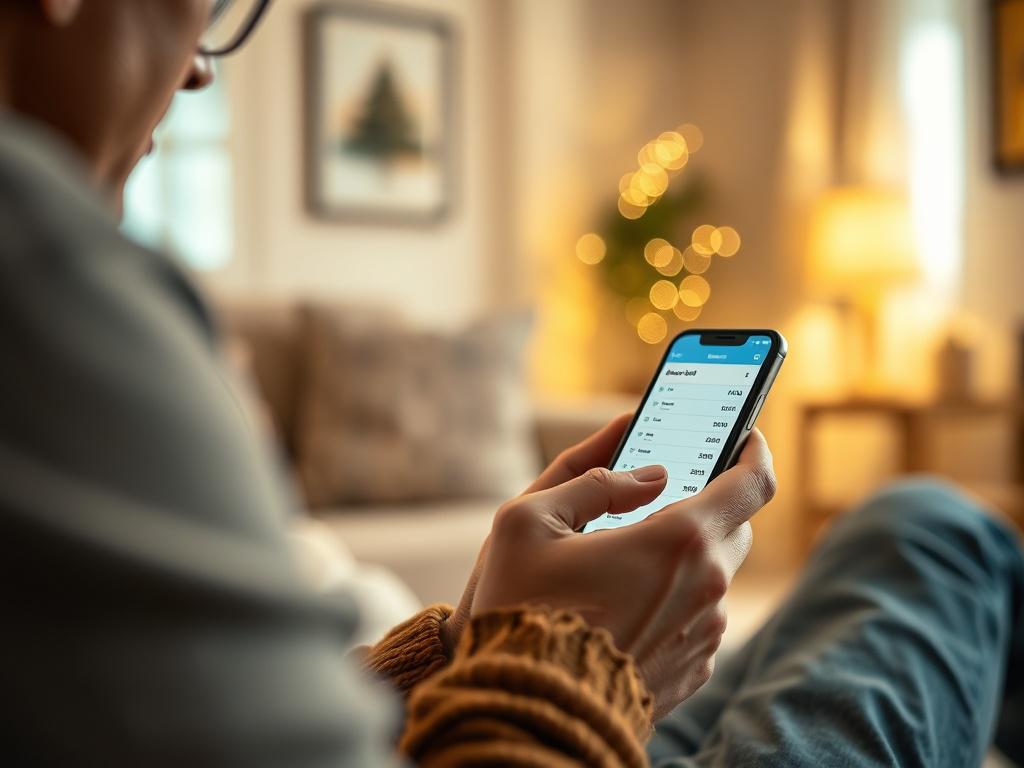 A close-up shot of a family member using a smartphone to manage bills on the Brightbill app. The background features a cozy living room with soft lighting, highlighting the warmth of home. The image should focus on the smartphone screen displaying the Brightbill app interface, showcasing its user-friendly design. Use a 45mm f/1.2 lens style for a shallow depth of field, creating a soft blur in the background while the subject remains sharply in focus.