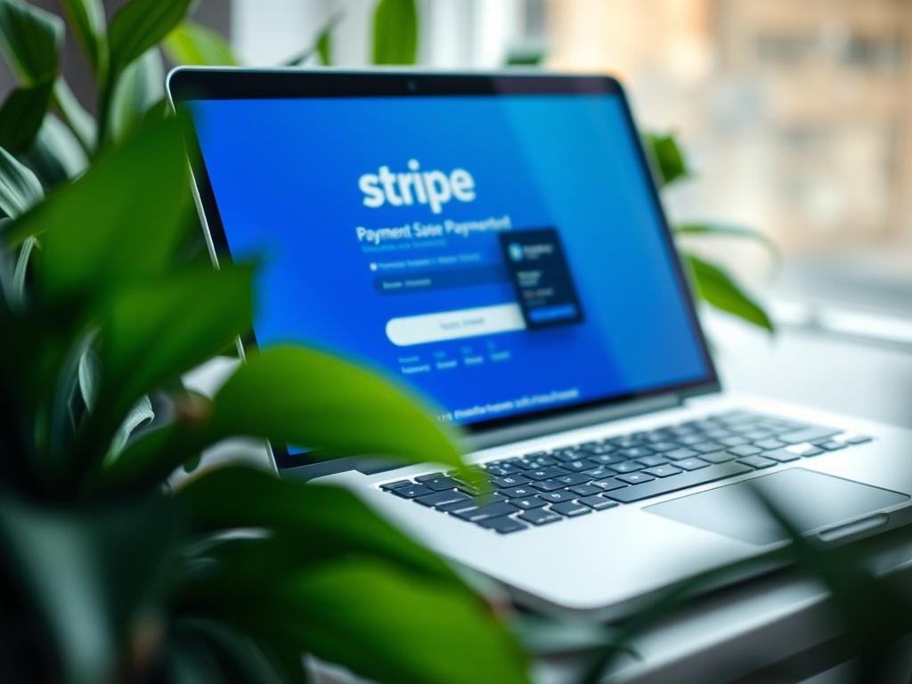 A close-up shot of a laptop with the Stripe payment interface on the screen, surrounded by a green plant to symbolize growth and support. The focus should be on the screen, with a soft blur on the surrounding elements, shot with a 45mm f/1.2 lens.