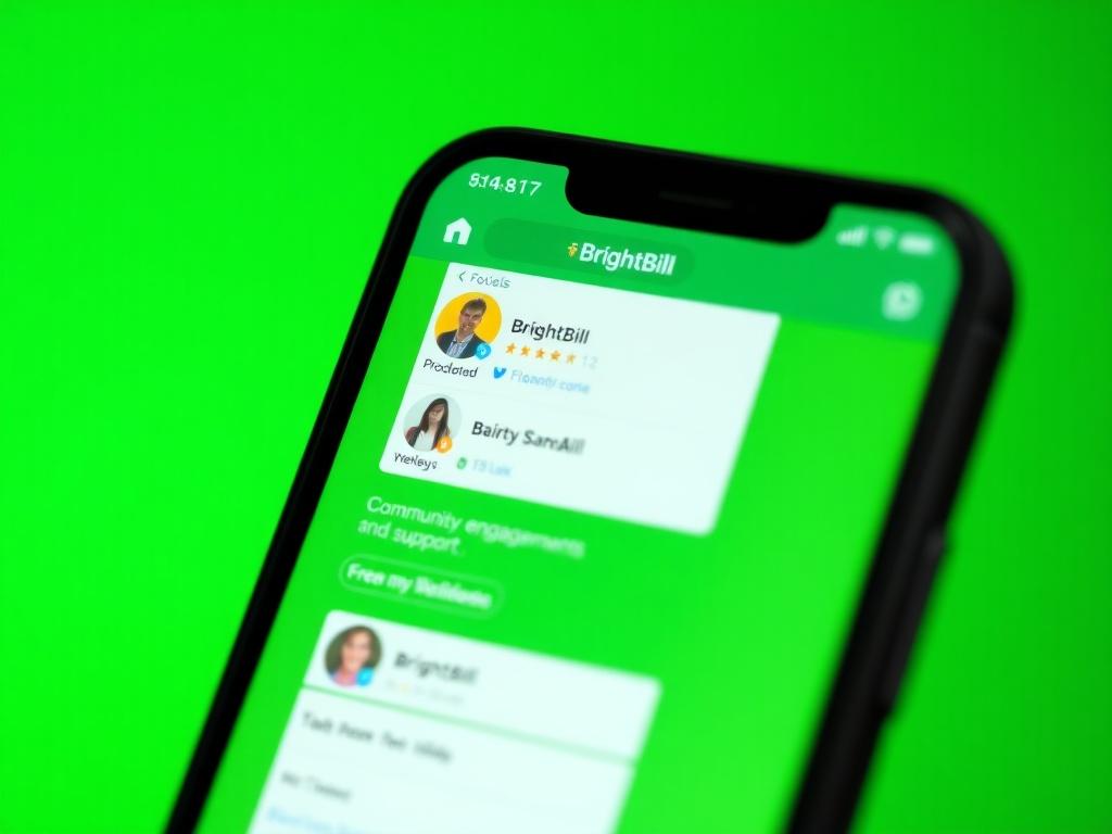 A close-up shot of a smartphone displaying various BrightBill social media profiles, with a vibrant green background representing community engagement and support. The focus should be on the smartphone and the app interface, creating a soft blur on the background, shot with a 45mm f/1.2 lens.
