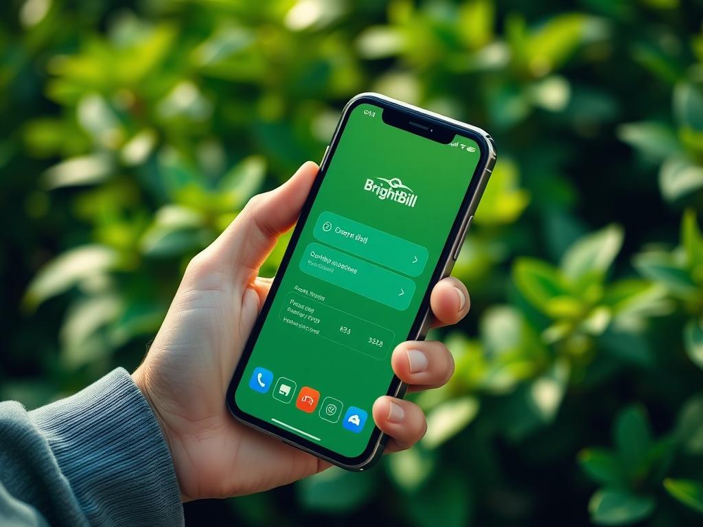 A close-up shot of a hand holding a smartphone displaying the BrightBill app interface, with vibrant greens in the background to symbolize growth and financial stability. The image should be shot with a 45mm f/1.2 lens, focusing on the hand and smartphone, creating a blurred effect on the green background.