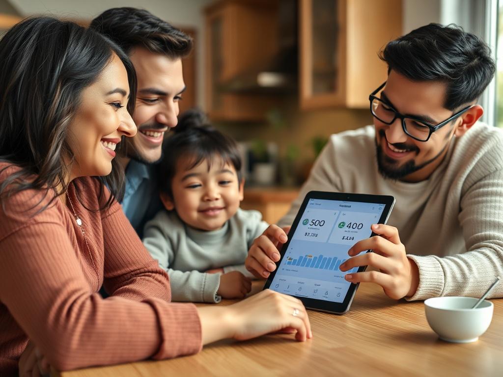 A close-up shot of a family happily reviewing their finances at a kitchen table, with a brightbill app open on a tablet displaying their progress towards assistance payouts. The background should be a warm, inviting home setting, emphasizing family togetherness.