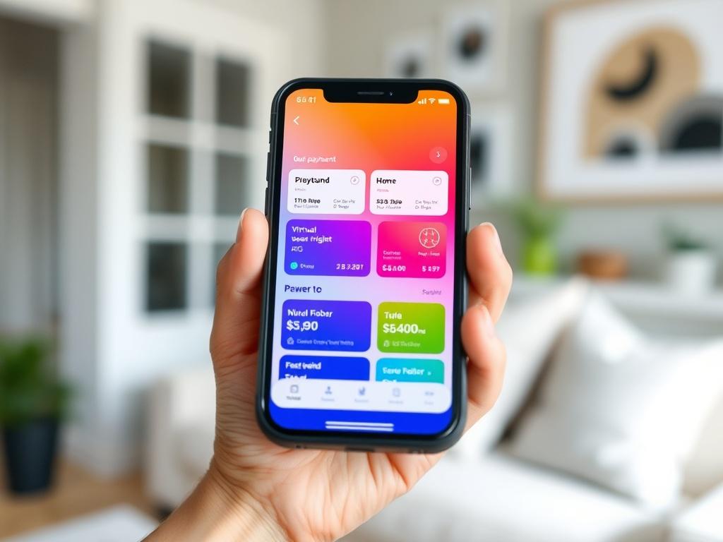 A close-up shot of a smartphone displaying the brightbill app interface, showing a user-friendly dashboard for virtual bill payments. The background should be a simple blurred home environment, focusing on the app's vibrant colors and features on the screen.
