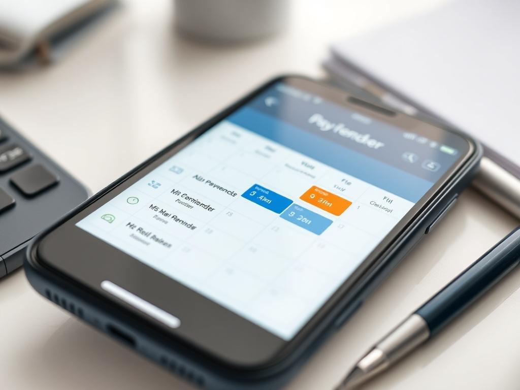 A close-up shot of a calendar app on a smartphone, with scheduled payment reminders highlighted. The background should be a simple, bright workspace, emphasizing organization and financial planning.