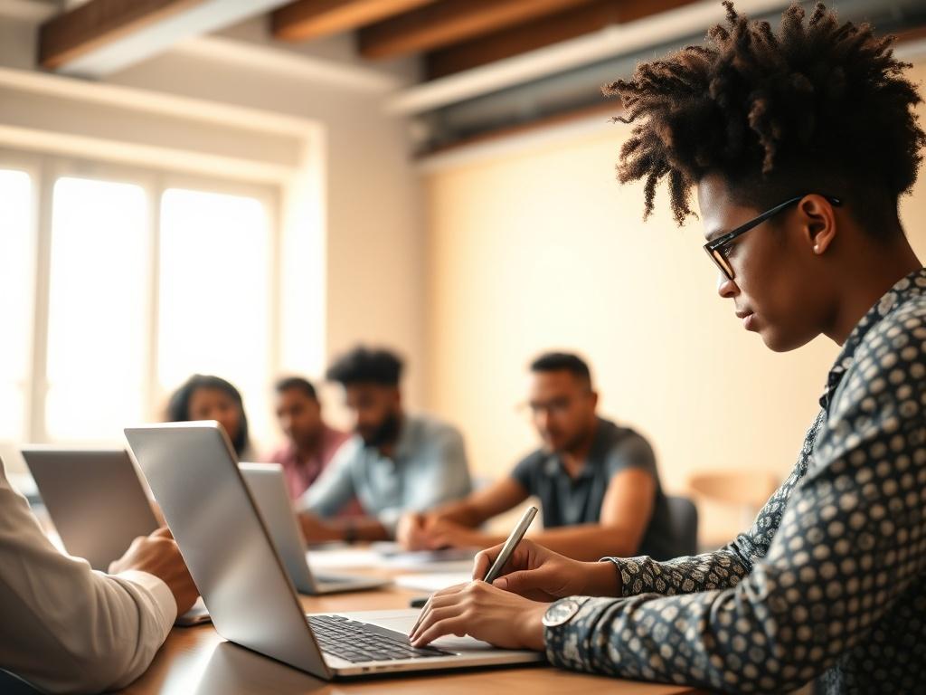 A close-up shot of a group of diverse individuals engaging in a workshop setting, sitting around a table with laptops and notebooks, demonstrating focused discussions. The background should be bright and inviting, with natural light coming in from a window, creating a warm atmosphere.