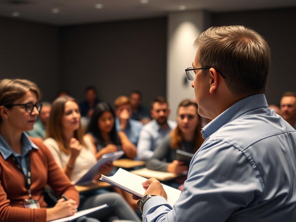A close-up shot of a speaker presenting to an engaged audience in a seminar setting, with attendees taking notes and asking questions. The background should be well-lit and organized, showcasing a professional and educational environment.