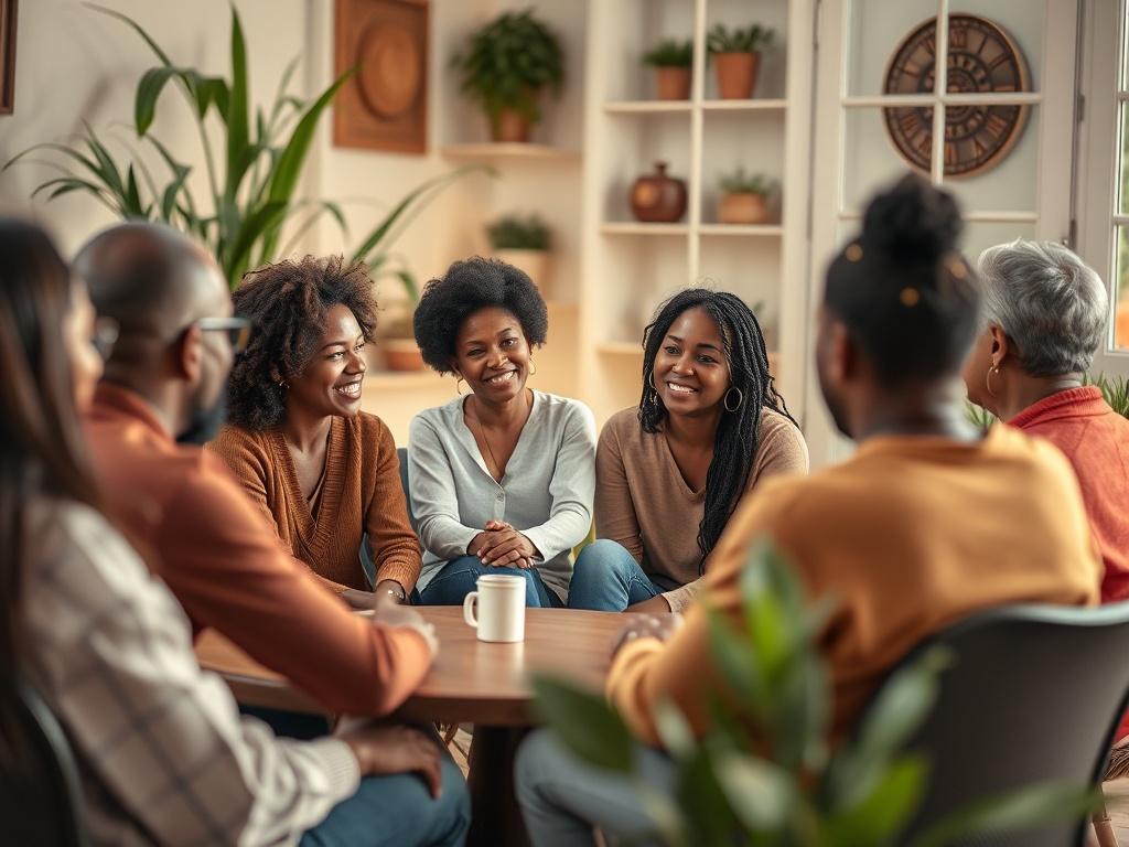 A close-up shot of a diverse group of people sitting in a circle, engaged in conversation during a community support roundtable. The setting should feel warm and welcoming, with a cozy room decorated with plants and soft lighting.