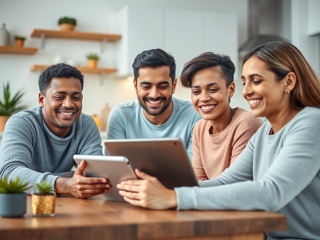 A close-up shot of a diverse family sitting at a kitchen table, smiling as they use a tablet to manage their bills online. The scene conveys a sense of ease and empowerment, showcasing the family's engagement with the Brightbill platform. The background is softly blurred to emphasize the family while incorporating elements of a cozy home, such as warm lighting and a few plants, creating a welcoming atmosphere. The primary color rgb(50, 170, 39) subtly appears in accents around the kitchen.